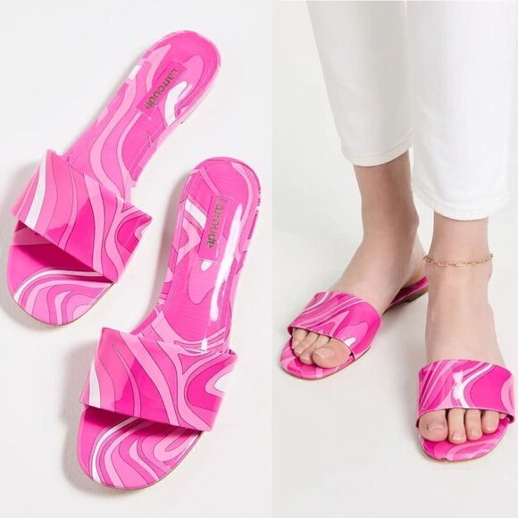 Larroude Ivy Flat Mule SANDALS Size 10 Pink Wave Print Patent Leather NEW $215 - Picture 1 of 5